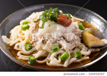 Pork shabu-shabu chilled udon noodles with grated plum Pork shabu-shabu chilled udon noodles with grated plum 104458587