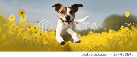 Portrait of happy Jack Russell Terrier dog jumping floating up in the air sunny day on yellow flowers rapeseed field. AI gererated Portrait of happy Jack Russell Terrier dog jumping floating up in the air sunny day on yellow flowers rapeseed field. AI gererated 104458643