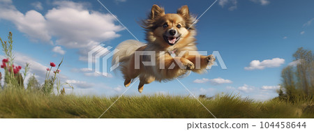 Portrait of happy Spitz dog jumping floating up in the air sunny day on field. AI gererated Portrait of happy Spitz dog jumping floating up in the air sunny day on field. AI gererated 104458644
