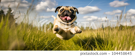 Portrait of happy fat pug dog jumping floating up in the air sunny day on field. AI gererated Portrait of happy fat pug dog jumping floating up in the air sunny day on field. AI gererated 104458645