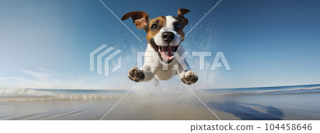 Portrait of happy Jack Russell Terrier dog jumping floating up in the air sunny day on beach. AI gererated Portrait of happy Jack Russell Terrier dog jumping floating up in the air sunny day on beach. AI gererated 104458646