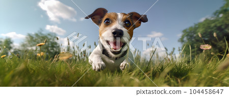 Portrait of happy Jack Russell Terrier dog jumping floating up in the air sunny day on flower field. AI gererated 104458647