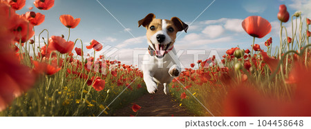 Portrait of happy Jack Russell Terrier dog jumping floating up in the air sunny day on red flowers poppy field. AI gererated 104458648