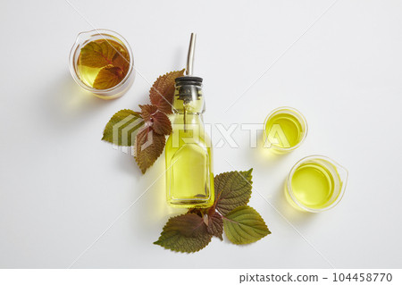 Cooking oil inside an empty label glass bottle with some beakers and beefsteak leaves. Cooking oil made from Beefsteak Plant (Perilla frutescens) often leaves a very special attractive flavor Cooking oil inside an empty label glass bottle with some beakers and beefsteak leaves. Cooking oil made from Beefsteak Plant (Perilla frutescens) often leaves a very special attractive flavor 104458770