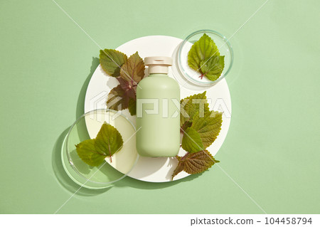 Blank label cosmetic container put on a round podium with glass petri dishes and several beefsteak leaves. Branding mock-up concept of Beefsteak Plant (Perilla frutescens) extract Blank label cosmetic container put on a round podium with glass petri dishes and several beefsteak leaves. Branding mock-up concept of Beefsteak Plant (Perilla frutescens) extract 104458794