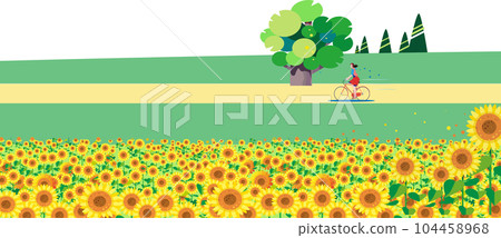 在向日葵田前的路上享受騎自行車的女人 104458968