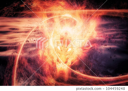 3d illustration of fire dragon swirling in spooky sky 104459248