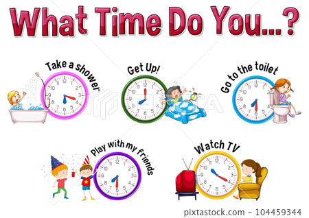 Daily routine with time and cartoon characters Daily routine with time and cartoon characters 104459344