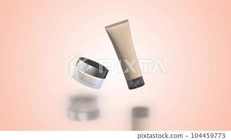 Cosmetic cream tube and jar of cream. Skin care product presentation. Woman cosmetics skincare. 3D animation. 104459773