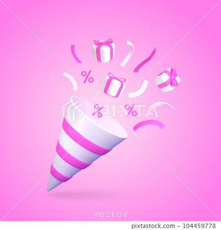 3d Poppers With Flying Serpentine, Ribbons, gift boxes, Percent Symbol. Concept of promotion, discount, sale, gift. Cartoon Style Vector Render Illustration on pink background. 3d Poppers With Flying Serpentine, Ribbons, gift boxes, Percent Symbol. Concept of promotion, discount, sale, gift. Cartoon Style Vector Render Illustration on pink background. 104459778