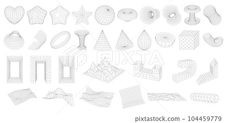 Set of wireframe 3D geometric shapes. Abstract figures, Distorted mesh grids. Mountains, Cone, distorted planes, arcs, black holes, globe. Graphic design elements isolated on white. Editable strokes. Set of wireframe 3D geometric shapes. Abstract figures, Distorted mesh grids. Mountains, Cone, distorted planes, arcs, black holes, globe. Graphic design elements isolated on white. Editable strokes. 104459779