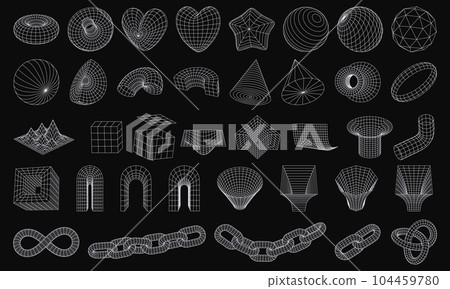 Set of wireframe 3D geometric shapes. Wire frame abstract figures. Distorted mesh grids. Chain, cone, Infinity Symbol, arc, star, sphere, knot. Isolated Graphic design elements 104459780