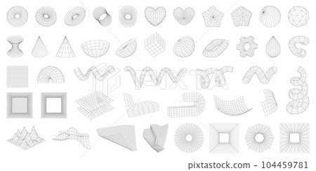 Set of wireframe 3D geometric shapes. Wire frame abstract figures. Torus, spirals, gear, heart, star. Distorted mesh grids. Graphic design elements isolated on white background. Editable strokes 104459781
