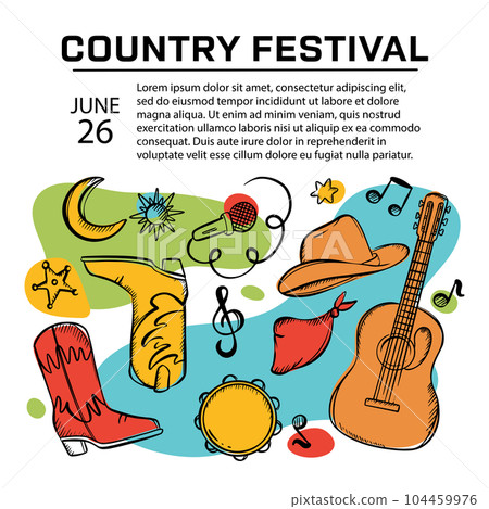 COUNTRY MUSIC FESTIVAL BANNER Square Poster Musical Concert With Guitar And Cowboy Attributes Inviting Text Abstract Colorful Background Hand Drawn Sketch 104459976