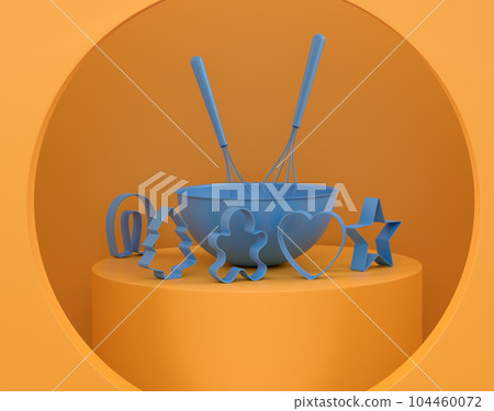 Abstract scene or podium with bowl and kitchen utensil on monochrome. Abstract scene or podium with bowl and kitchen utensil on monochrome. 104460072