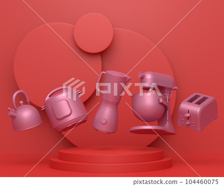 Abstract scene or podium with kitchen appliances and utensils on monochrome. 104460075