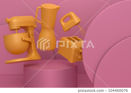 Abstract scene or podium with kitchen appliances and utensils on monochrome. Abstract scene or podium with kitchen appliances and utensils on monochrome. 104460076