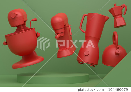 Abstract scene or podium with kitchen appliances and utensils on monochrome. 104460079