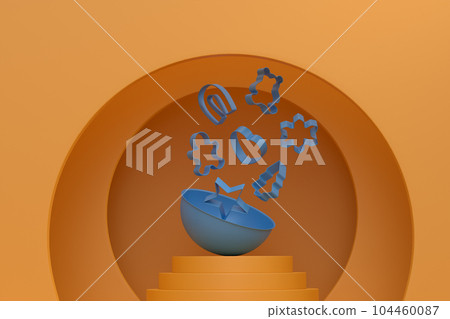 Abstract scene or podium with bowl and kitchen utensil on monochrome. Abstract scene or podium with bowl and kitchen utensil on monochrome. 104460087
