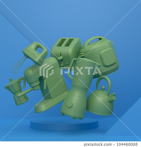 Abstract scene or podium with kitchen appliances and utensils on monochrome. Abstract scene or podium with kitchen appliances and utensils on monochrome. 104460088