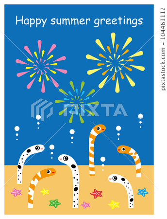 Illustration of colorful skyrocket and cute garden eel and nishikianago summer greeting card template 104461112