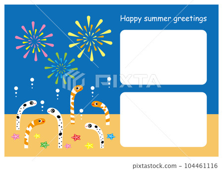 Illustration of colorful skyrocket and cute garden eel and nishikianago summer greeting card template 104461116