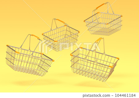 Set of flying metal wire basket from supermarket for online shopping on dark Set of flying metal wire basket from supermarket for online shopping on dark 104461184