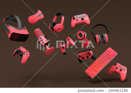 Top view gamer gears like joystick, keyboard, headphones and microphone 104461190