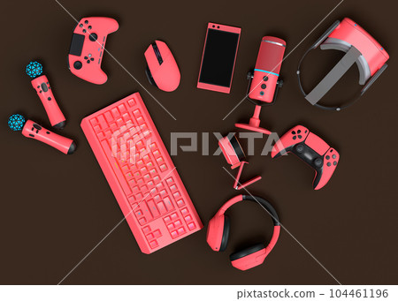 Top view gamer gears like joystick, keyboard, headphones and microphone 104461196