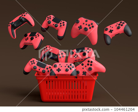 Gamer gears like mouse, keyboard, joystick, headset, VR, web camera in basket Gamer gears like mouse, keyboard, joystick, headset, VR, web camera in basket 104461204