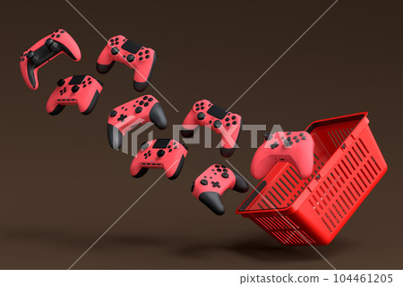 Gamer gears like mouse, keyboard, joystick, headset, VR, web camera in basket 104461205