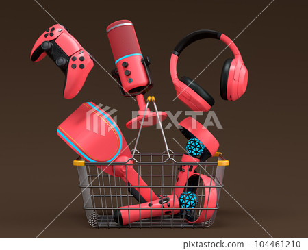 Gamer gears like mouse, keyboard, joystick, headset, VR, web camera in basket Gamer gears like mouse, keyboard, joystick, headset, VR, web camera in basket 104461210