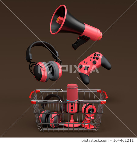 Gamer gears like mouse, keyboard, joystick, headset, VR, web camera in basket 104461211