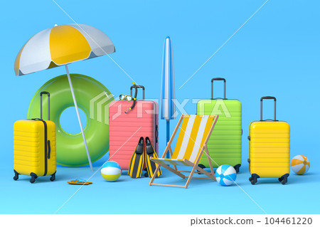 Colorful suitcase or baggage with beach accessories on blue background. Colorful suitcase or baggage with beach accessories on blue background. 104461220