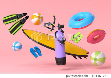 Colorful surfboard, beach ring, umbrellas and scuba mask on blue background. 104461230