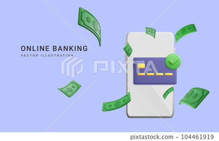 3d realistic mobile wallet with falling green paper currency. Mobile banking app and e-payment. Credit card for online payment or shopping. Vector illustration 3d realistic mobile wallet with falling green paper currency. Mobile banking app and e-payment. Credit card for online payment or shopping. Vector illustration 104461919