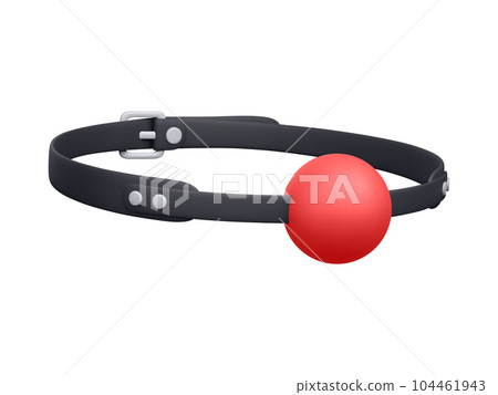 3d realistic red silicone ball gag with a leather belt isolated on white background. BDSM game concept. Vector illustration 104461943