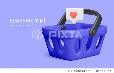3d realistic plastic shopping cart with social icon isolated on blue background. Vector illustration 104461963