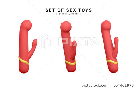 Set of 3d realistic double headed dildos vibrator isolated on white background. Sex toys for sex shop. Vector illustration 104461976