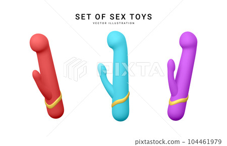 Set of 3d realistic double headed dildos vibrator isolated on white background. Sex toys for sex shop. Vector illustration 104461979