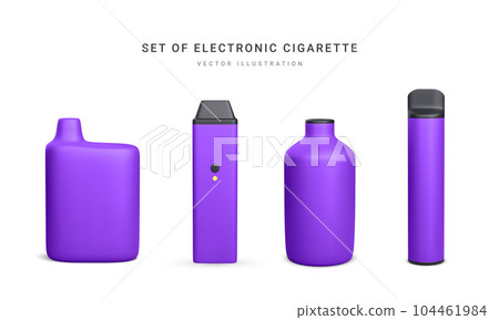 Set of 3d realistic disposable electronic cigarette isolated on white background. Modern smoking, vaping and nicotine with different flavors. Vector illustration 104461984