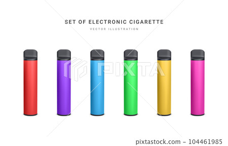 Set of 3d realistic disposable electronic cigarette isolated on white background. Modern smoking, vaping and nicotine with different flavors. Vector illustration 104461985