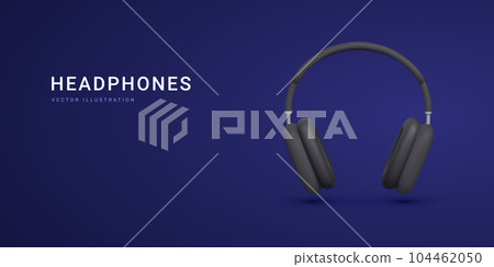 3d realistic black headphones isolated on dark background. Banner for advertising wireless headphones. Vector illustration 3d realistic black headphones isolated on dark background. Banner for advertising wireless headphones. Vector illustration 104462050