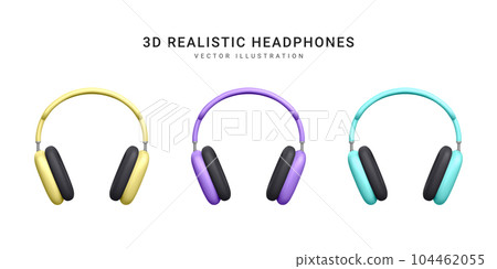 Set of 3d realistic wireless headphones isolated on white background. Vector illustration 104462055