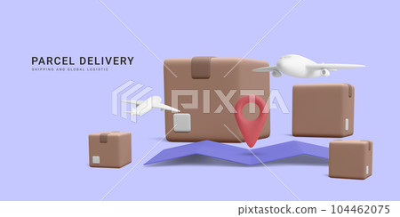 3d realistic banner for air shipping and global logistic. Concept for fast delivery service and parcel tracking. Vector illustration 3d realistic banner for air shipping and global logistic. Concept for fast delivery service and parcel tracking. Vector illustration 104462075