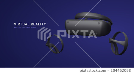 3d realistic black virtual reality glasses and gaming controller isolated on dark background. Welcome to metaverse concept. Vector illustration 104462098