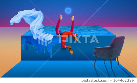 Passion and love. Man and woman in swimming pool over multicolor abstract background. Contemporary art collage. 104462359