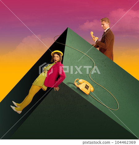 Communication. Stylish young woman and man over abstract colorful background. Hiding from talks. Contemporary art collage. 104462369