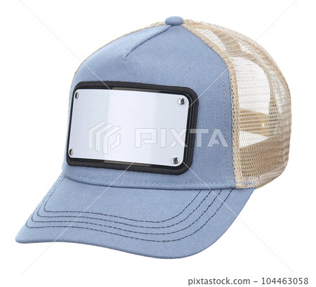 Cotton cap in light-blue colors, with a visor, with a white metal plate in front and a beige ventilated mesh at the back, isolated on a white background. Cotton cap in light-blue colors, with a visor, with a white metal plate in front and a beige ventilated mesh at the back, isolated on a white background. 104463058