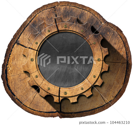 Wooden Cogwheel and Blank Blackboard on Cross Section of a Tree Trunk 104463210